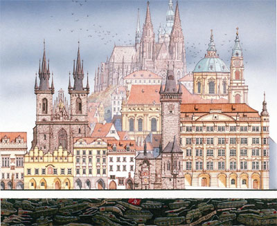 Stephen Conlin: The Sheer Weight of Prague, 1990, ink and watercolour with airbrushed sky, 28 x 30 cm; courtesy the artist